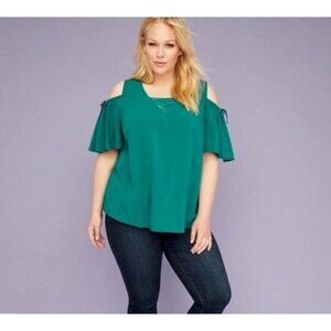 NEW Lane Bryant Cold Shoulder Lace Trimmed Top Everglade Green 18
